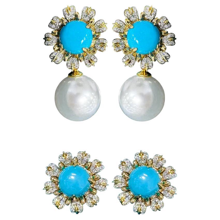 【Caelmare】Azure Bloom Convertible Turquoise & South Sea Pearl Earrings