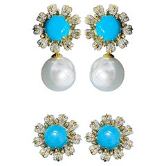 【Caelmare】Azure Bloom Convertible Turquoise & South Sea Pearl Earrings