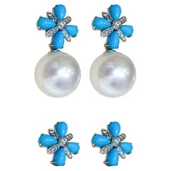 【Caelmare】Convertible 2-in-1 Boucles d'oreilles Fleur de Perle des Mers du Sud Turquoise Diamant