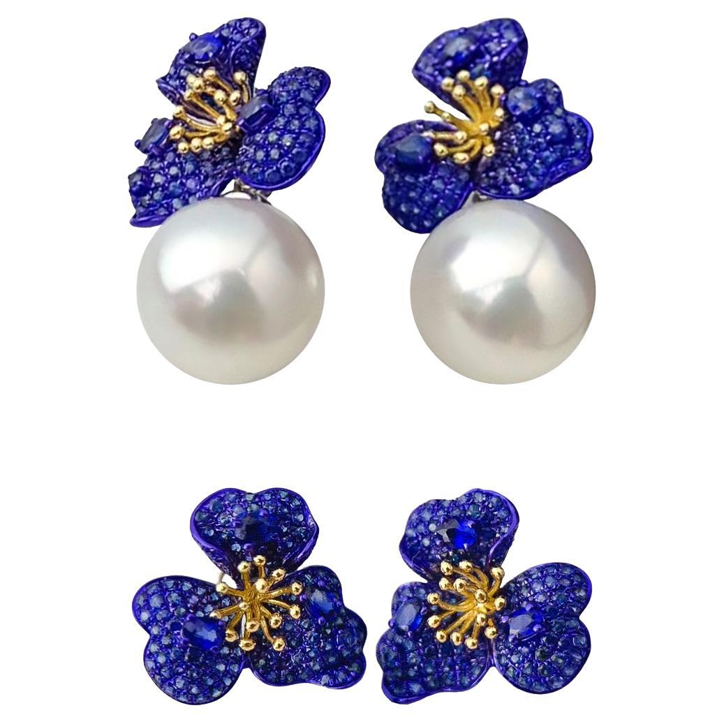 【Vine Symphony】Convertible Blue-Gold Blossom Sapphire & South Sea Pearl Earrings