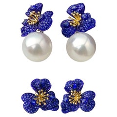 【Vine Symphony】Pendientes convertibles de zafiro azul-oro en flor y perlas del mar del sur