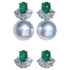 【Jādora】Convertible 2-en-1 Couronne-Emeraude Aurore Perle de Mer du Sud Diamant Boucles d'oreilles