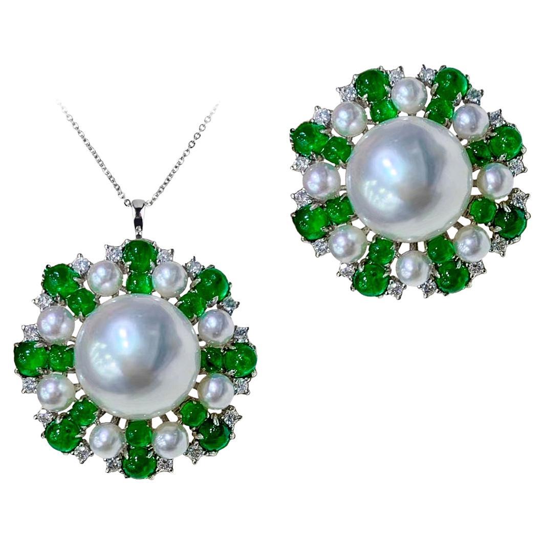 【Crown Radiance】Convertible Emerald Halo South Sea Pearl Diamond Ring Pendant
