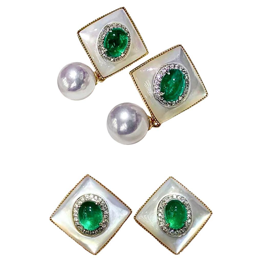【Jādora】Convertible 2-in-1 Empress Aurora Akoya Pearl Emerald Earring