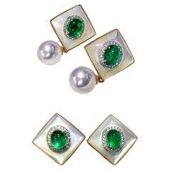 【Sculpted Geometry】Convertible 2-in-1 Kaiserin Aurora Akoya Perle Smaragd Ohrring