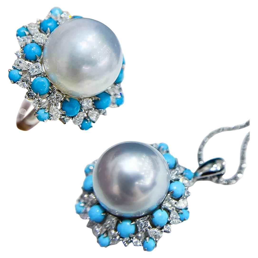 【Caelmare】Empress Convertible South Sea Pearl & Turquoise Diamond Ring-Pendant For Sale