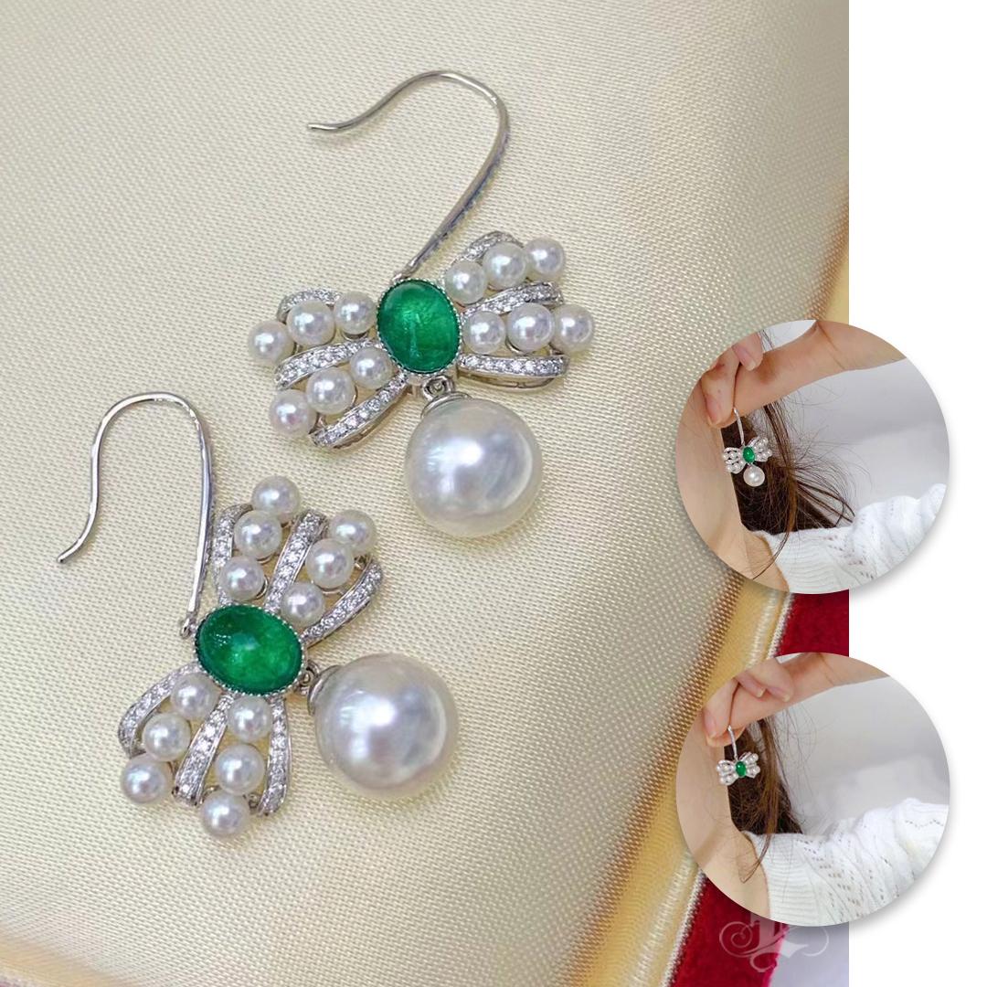 【Vine Symphony】Pendientes convertibles de Mar del Sur y Perla Akoya con cinta esmeralda Sin cortar en venta