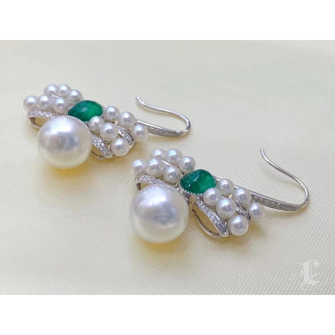 De las mujeres 【Vine Symphony】Pendientes convertibles de Mar del Sur y Perla Akoya con cinta esmeralda en venta