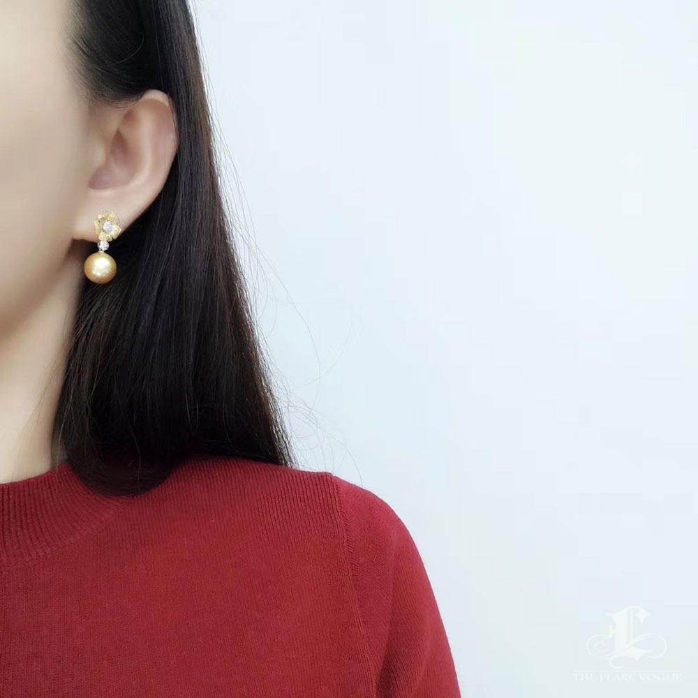 【Vine Symphony】Pendientes convertibles de perlas del mar del sur con pavé completo de diamantes en forma de flor en venta 6