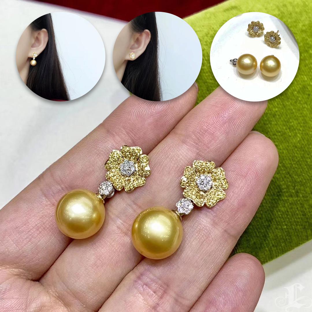 【Vine Symphony】Pendientes convertibles de perlas del mar del sur con pavé completo de diamantes en forma de flor Sin cortar en venta