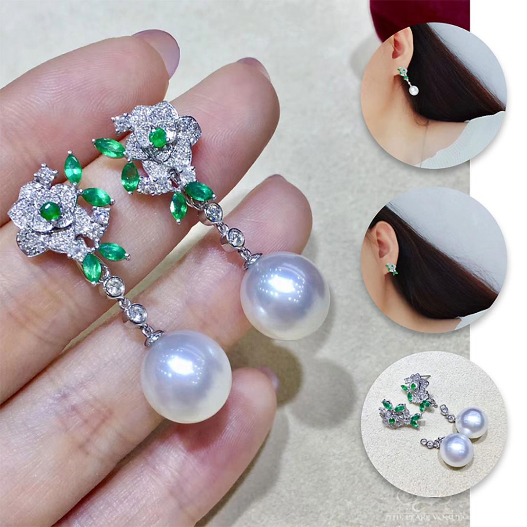 【Vine Symphony】Convertible Smaragd Blüte Südsee Perle Diamant Tropfen Ohrringe (Ungeschliffen) im Angebot