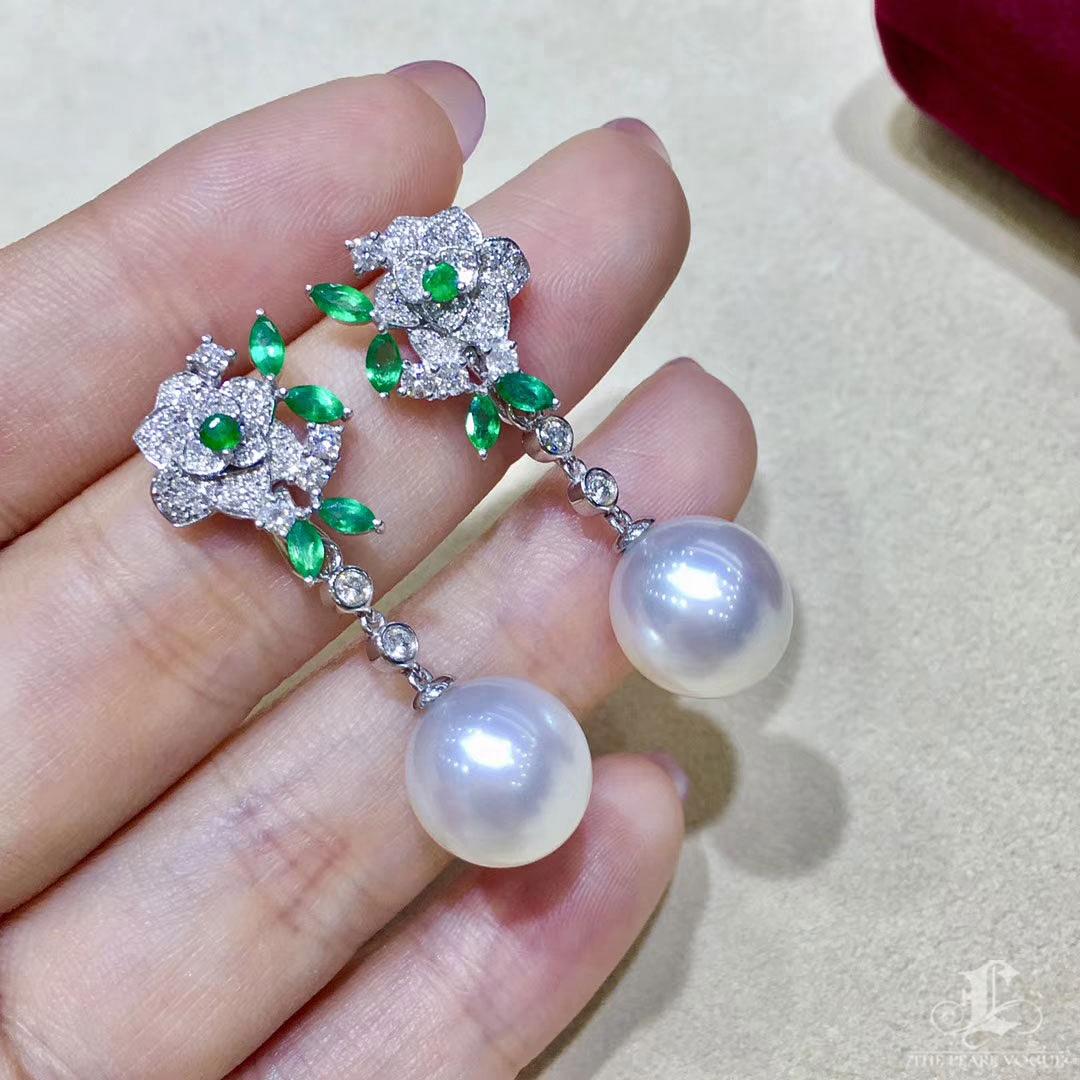 【Vine Symphony】Convertible Smaragd Blüte Südsee Perle Diamant Tropfen Ohrringe Damen im Angebot