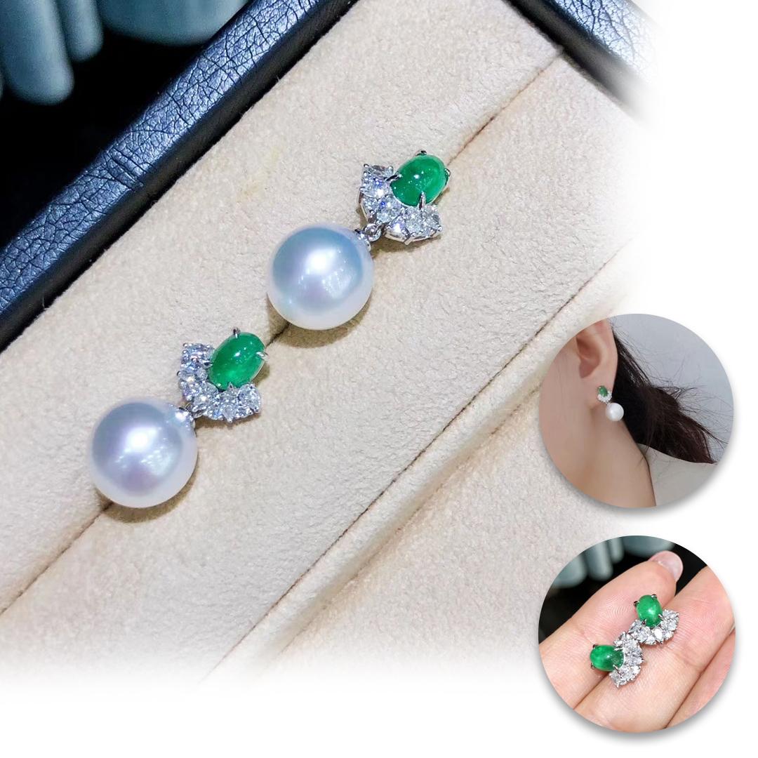 Uncut 【Jādora】Convertible 2-in-1 Crown-Emerald Aurora South Sea Pearl Diamond Earrings For Sale