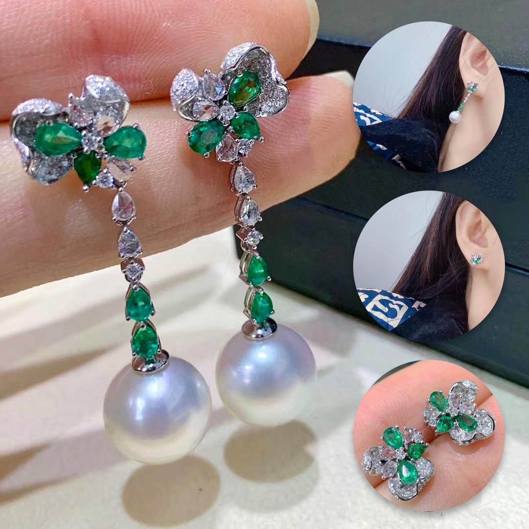 Uncut 【Vine Symphony】Convertible Verdant Bloom Emerald & South Sea Pearl Drop Earrings For Sale