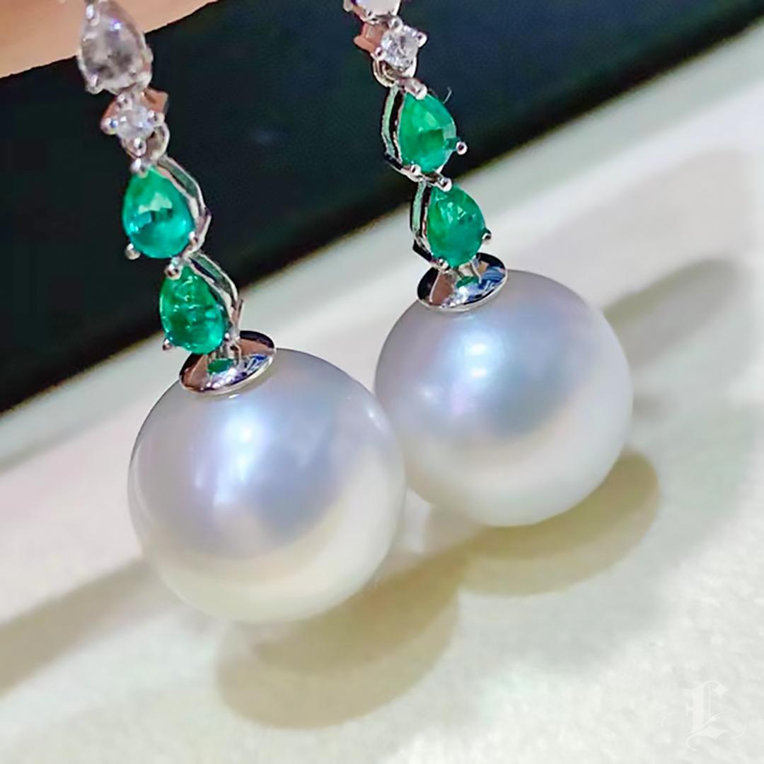 Women's 【Vine Symphony】Convertible Verdant Bloom Emerald & South Sea Pearl Drop Earrings For Sale