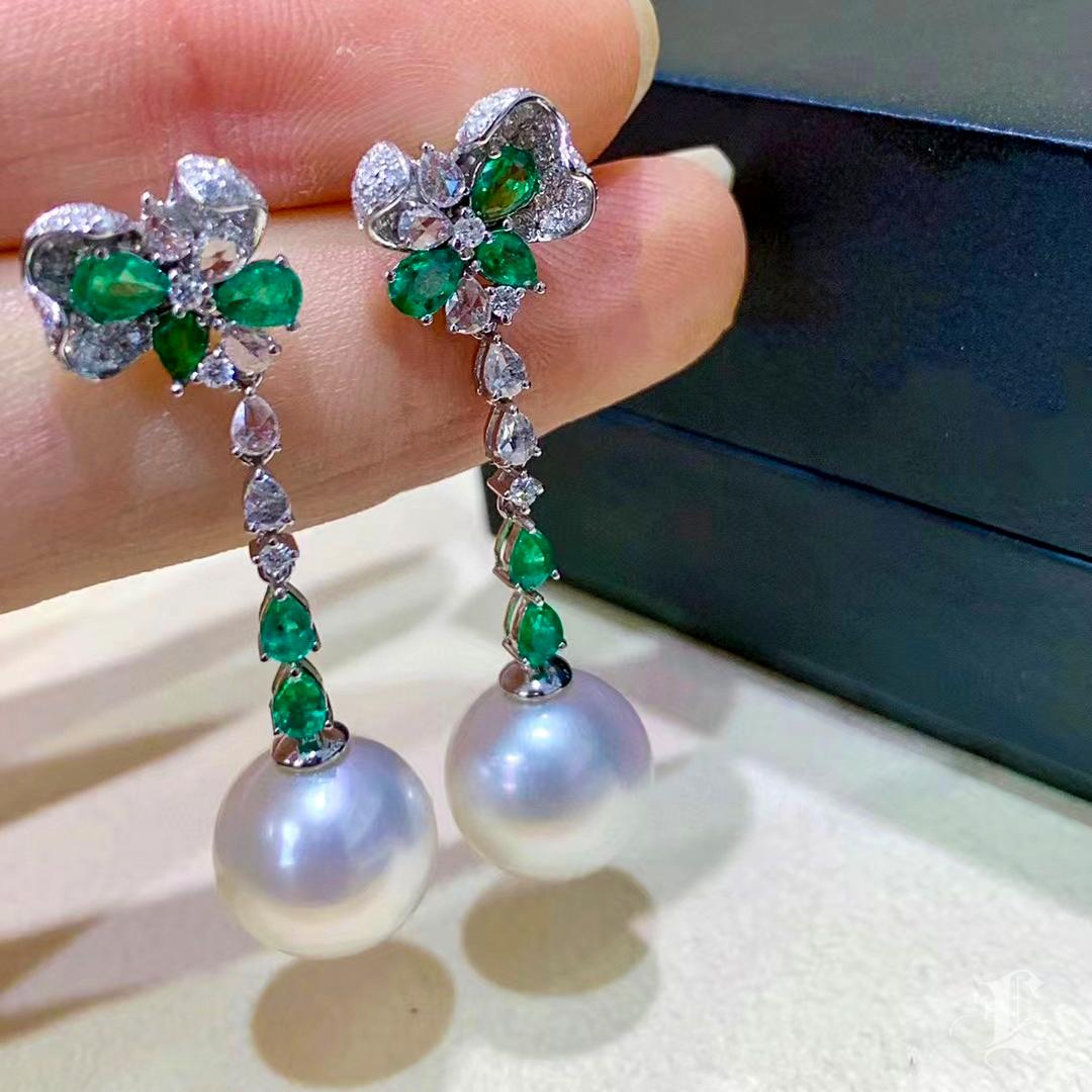 【Vine Symphony】Convertible Verdant Bloom Emerald & South Sea Pearl Drop Earrings For Sale 1