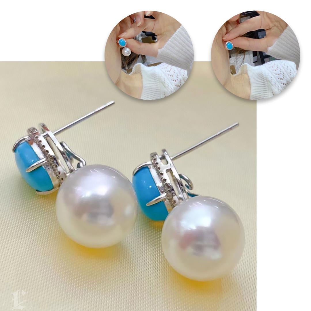 Uncut 【Caelmare】Halo Oval Convertible Turquoise & Pearl Earrings For Sale