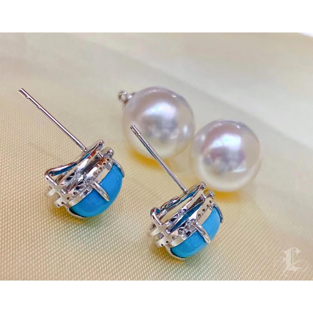 【Caelmare】Halo Oval Convertible Turquoise & Pearl Earrings In New Condition For Sale In New York, NY