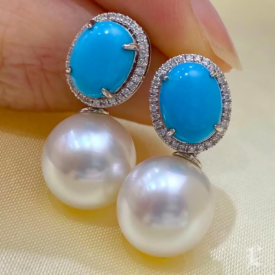 Women's 【Caelmare】Halo Oval Convertible Turquoise & Pearl Earrings For Sale