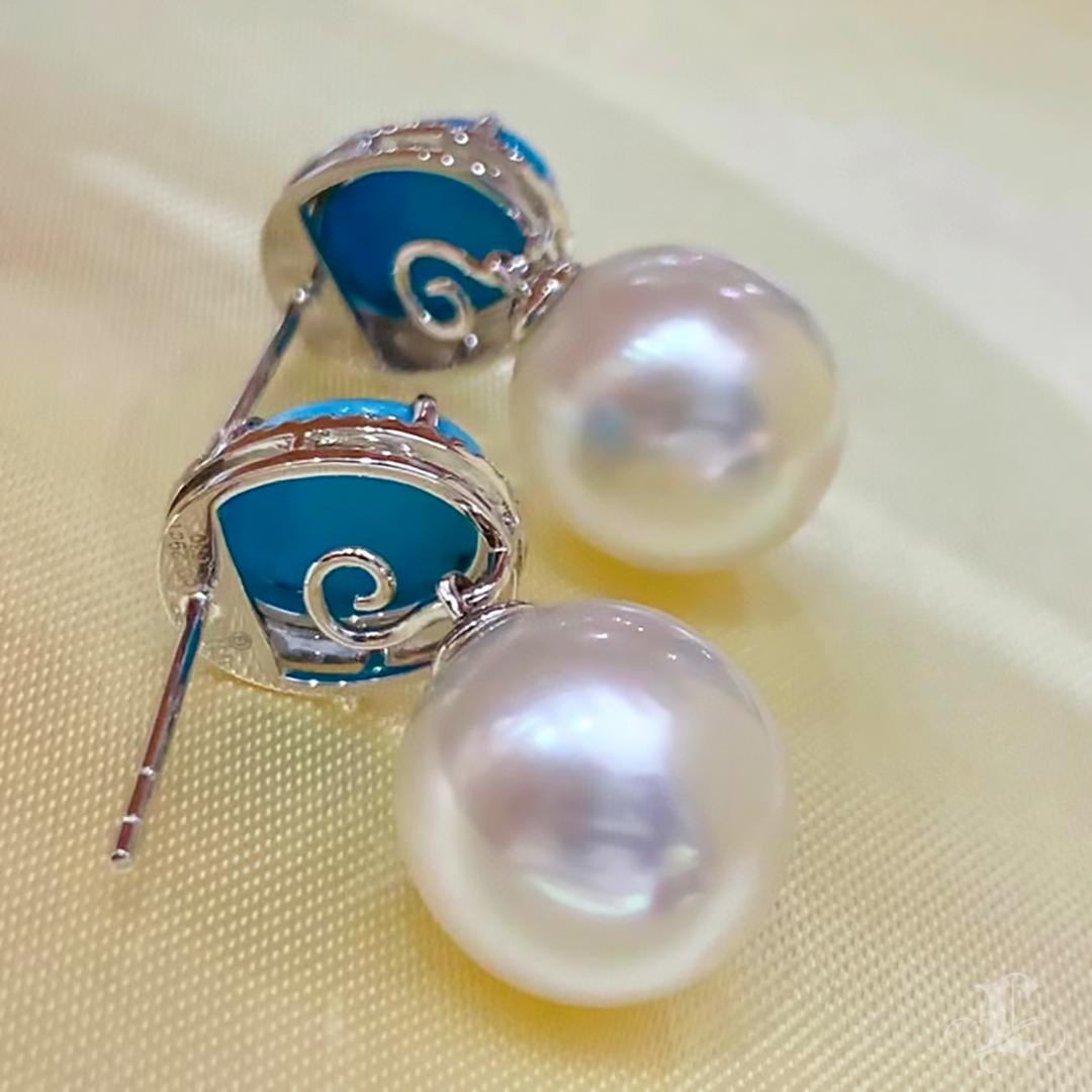 【Caelmare】Halo Oval Convertible Turquoise & Pearl Earrings For Sale 1