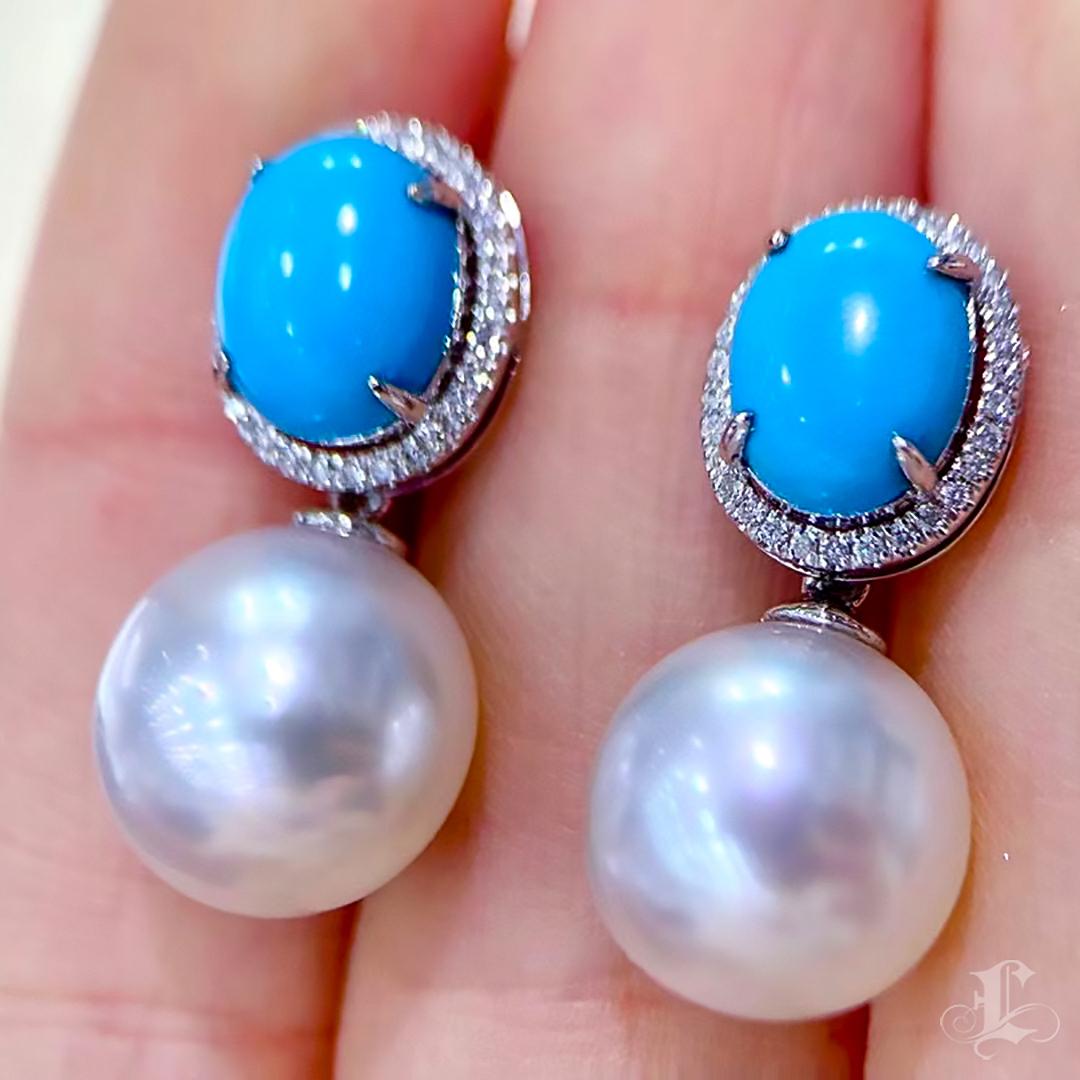 【Caelmare】Halo Oval Convertible Turquoise & Pearl Earrings For Sale 2