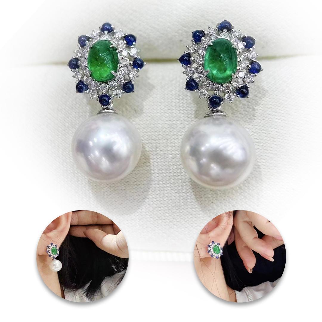 Uncut 【Vine Symphony】Convertible Crown Garden South Sea Pearl & Emerald Earrings For Sale