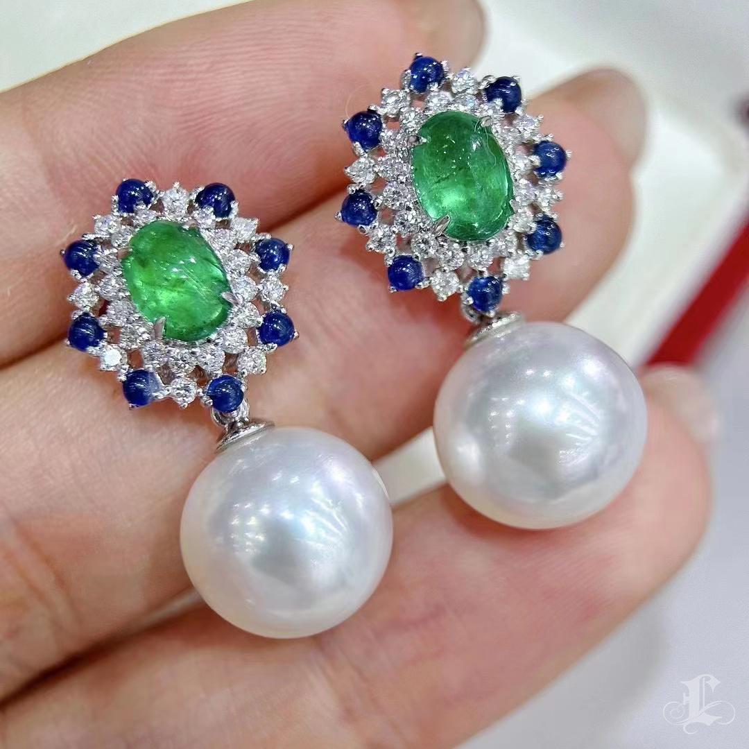 Women's 【Vine Symphony】Convertible Crown Garden South Sea Pearl & Emerald Earrings For Sale