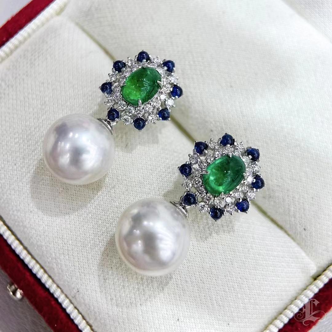 【Vine Symphony】Convertible Crown Garden South Sea Pearl & Emerald Earrings For Sale 2
