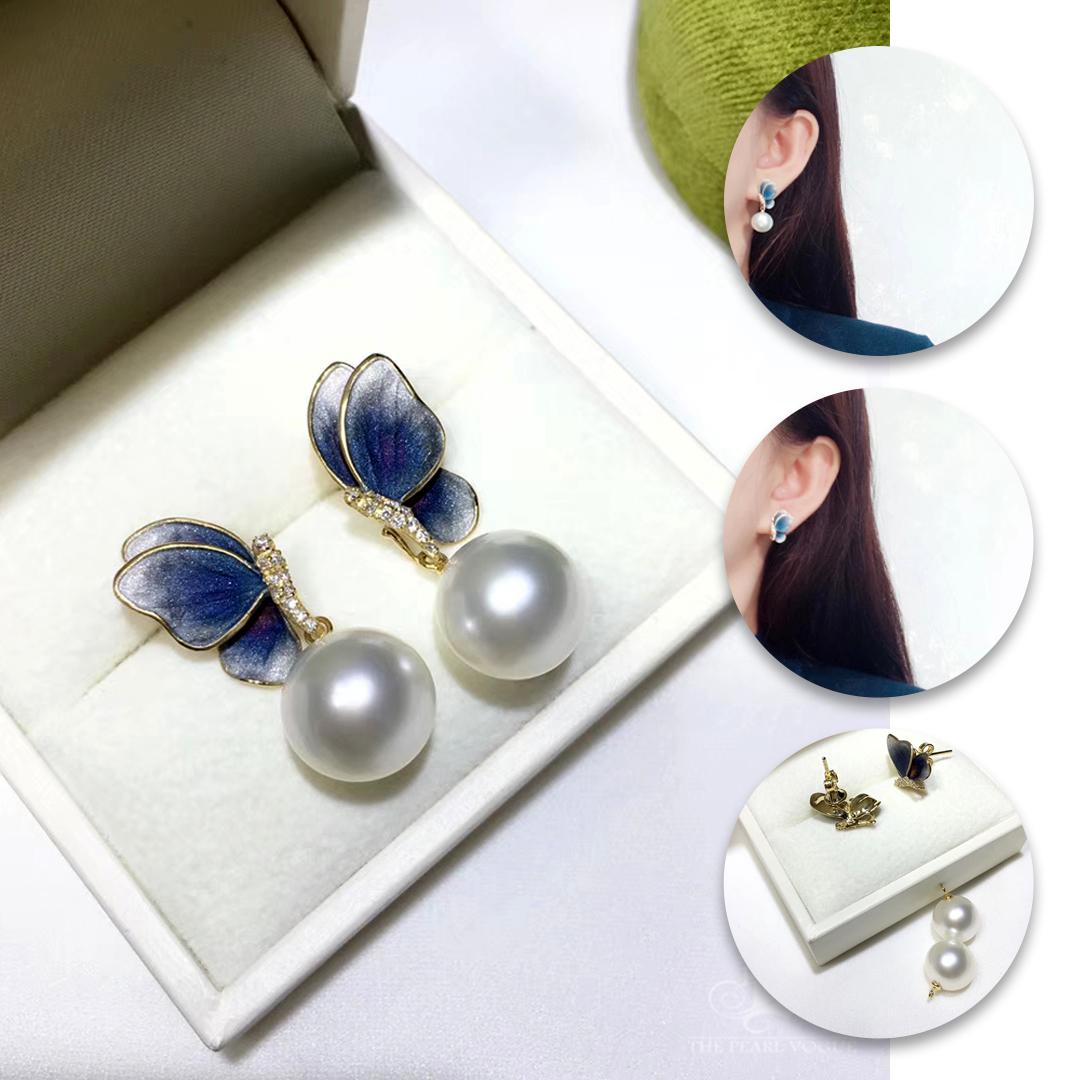 These enchanting convertible earrings pair iridescent 11–12mm South Sea pearls with exquisitely sculpted butterfly wings in 18K gold. Each wing is treated with a velvety Diamond Dust finish to mimic the shimmer of real butterfly scales, creating a