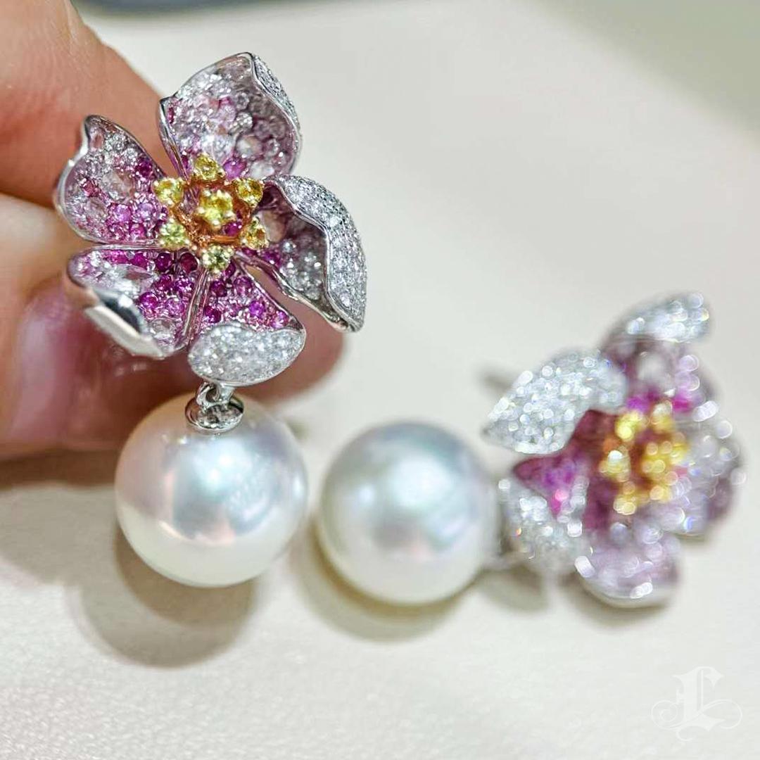 Women's 【Vine Symphony】Convertible Petalburst South Sea Pearl Diamond Sapphire Earrings For Sale