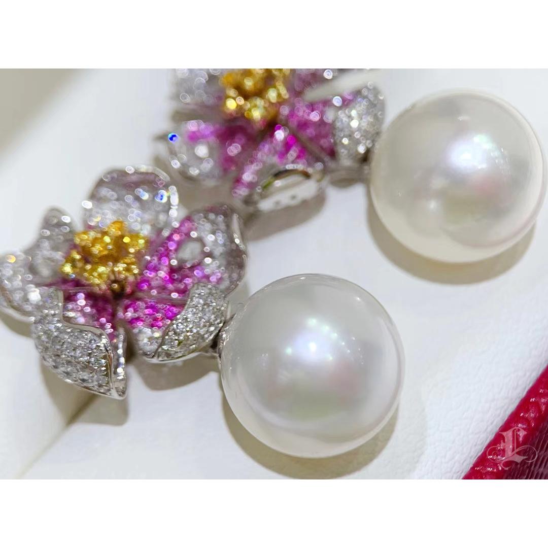 【Vine Symphony】Convertible Petalburst South Sea Pearl Diamond Sapphire Earrings For Sale 2