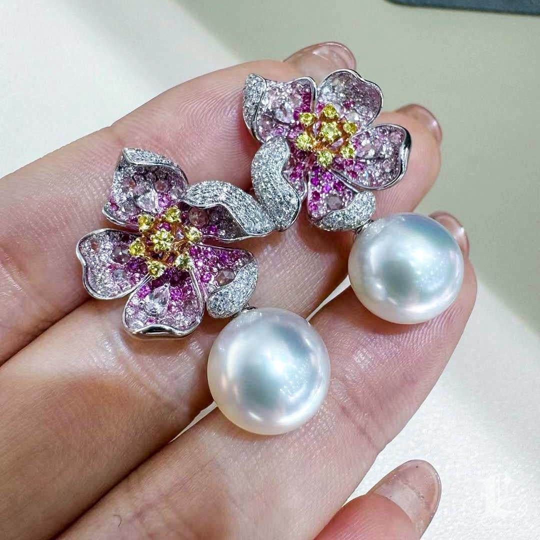 【Vine Symphony】Convertible Petalburst South Sea Pearl Diamond Sapphire Earrings For Sale 5