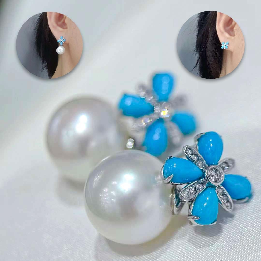 Uncut 【Caelmare】Convertible 2-in-1 Blossom South Sea Pearl Turquoise Diamond Earrings For Sale