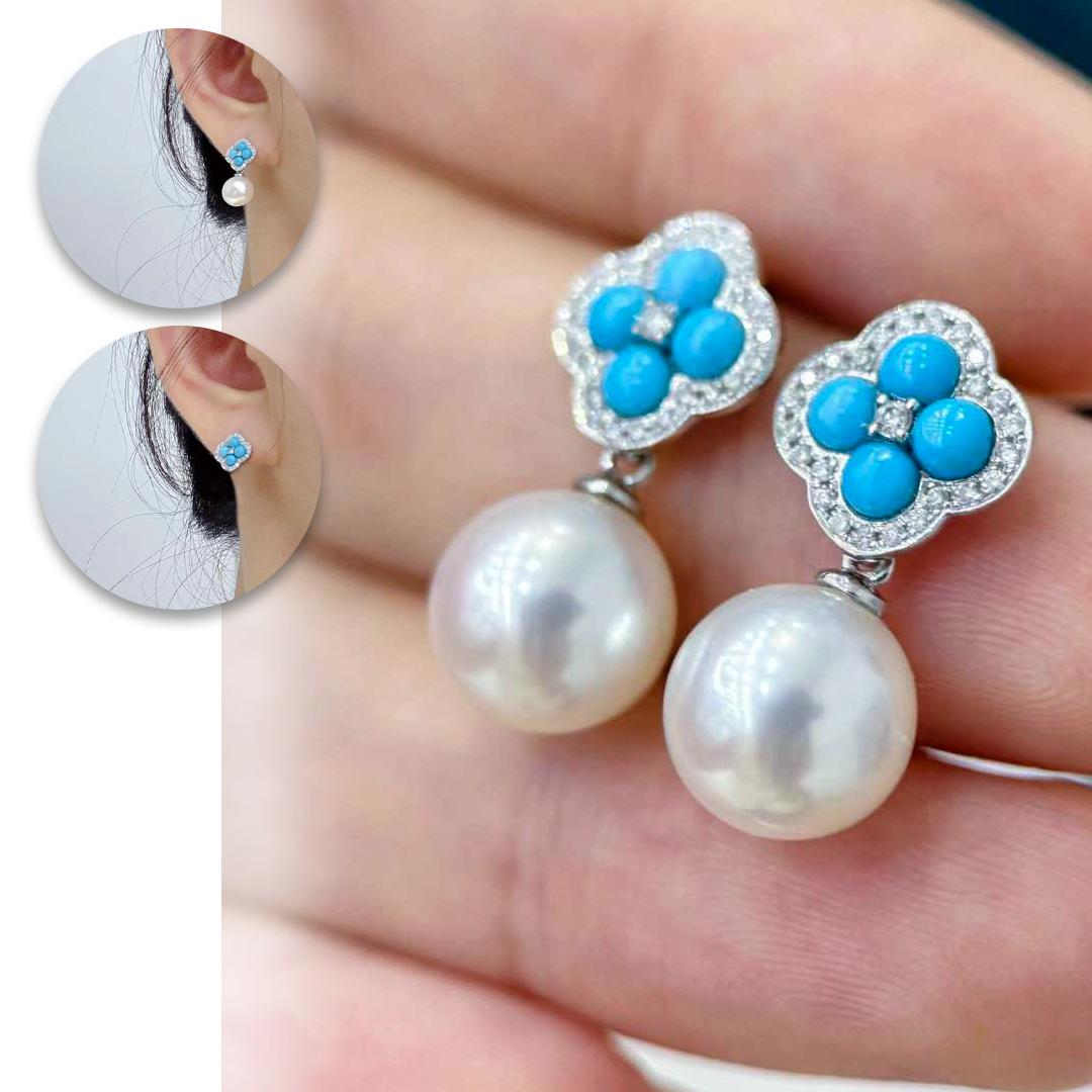 Grezzo Caelmare】 Orecchini di perle e turchesi convertibili con il trifoglio Bloom in vendita