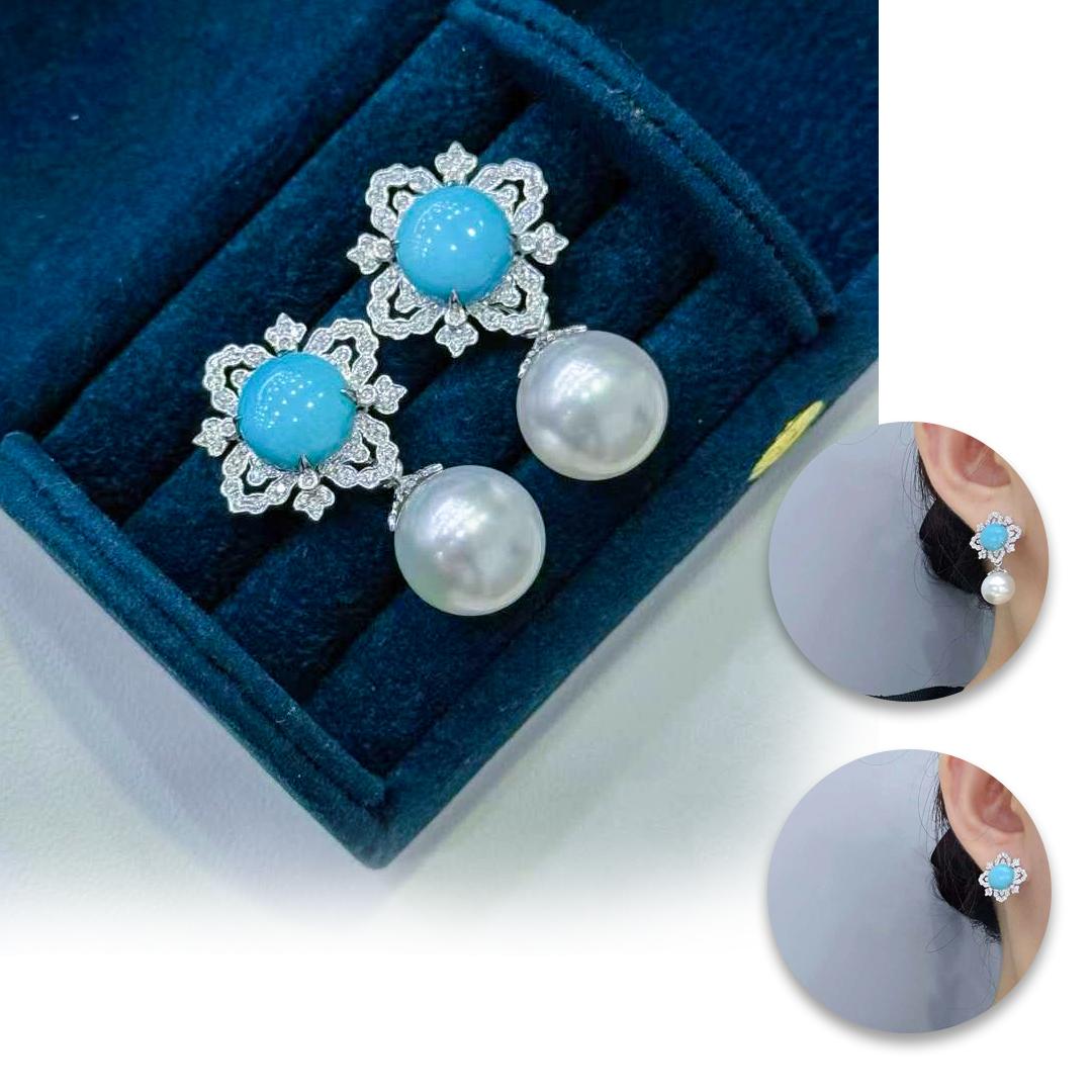 Grezzo Caelmare】Orecchini di perle e turchesi convertibili di Regal Bloom in vendita
