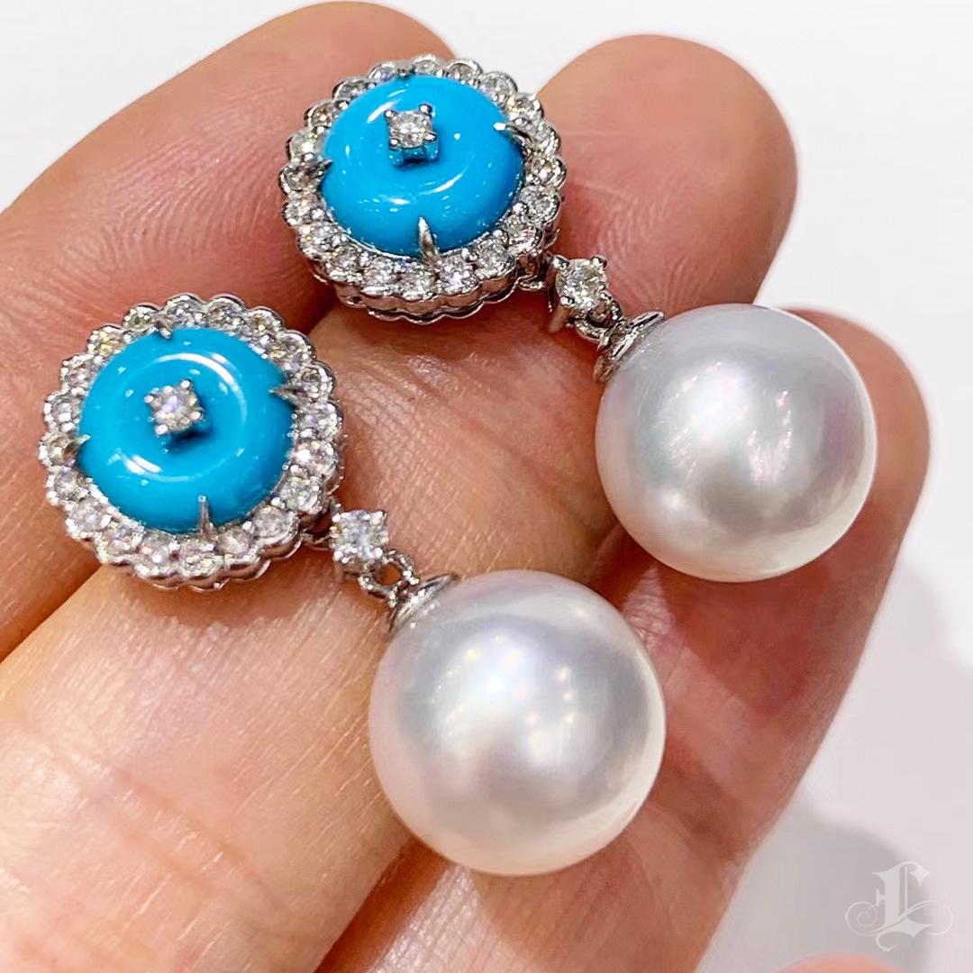 【Caelmare】Ocean Bloom Aurora South Sea Pearl & Turquoise Convertible Earrings In New Condition For Sale In New York, NY