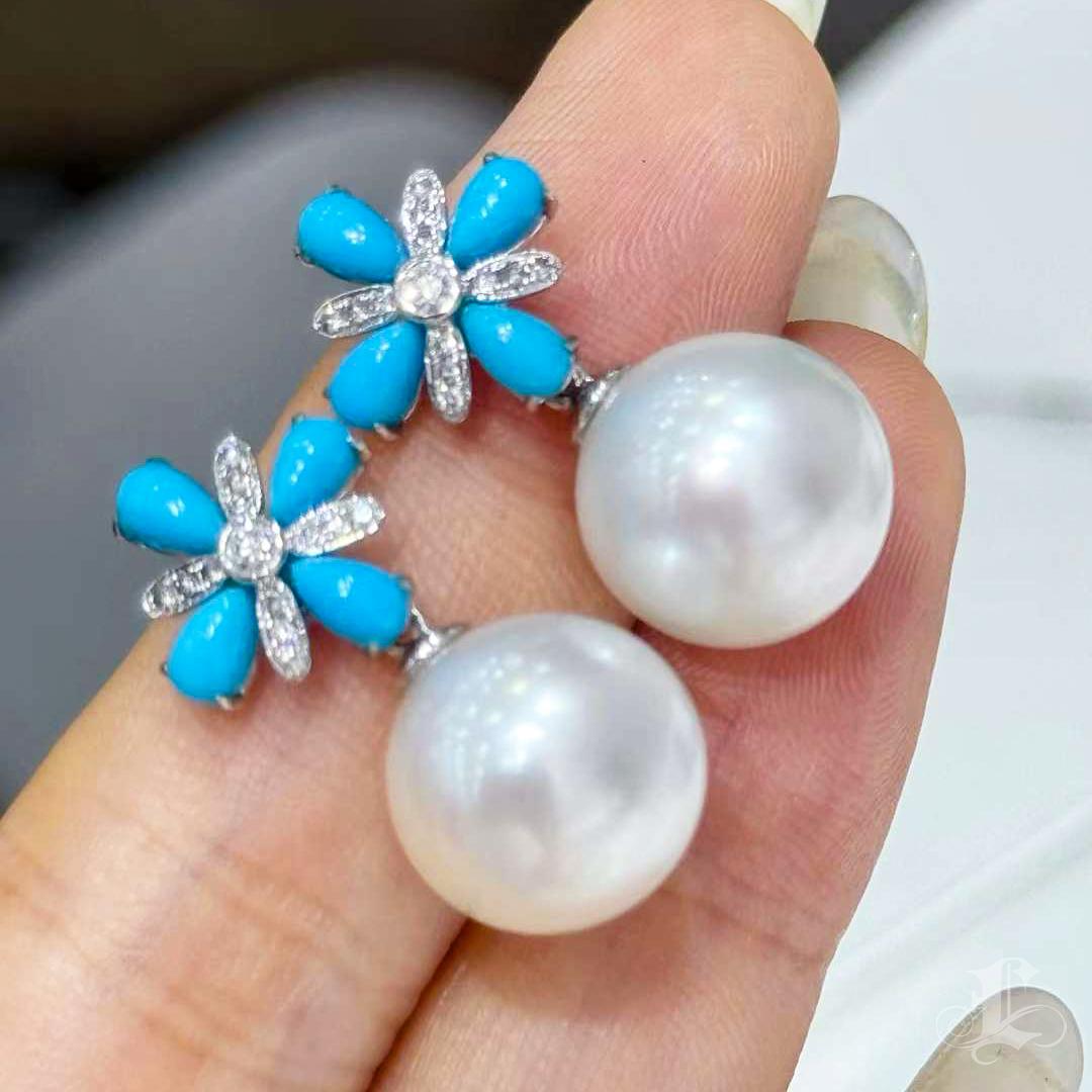 Women's 【Caelmare】Convertible 2-in-1 Blossom South Sea Pearl Turquoise Diamond Earrings For Sale