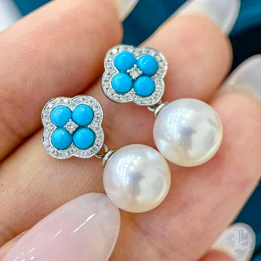 Caelmare】 Orecchini di perle e turchesi convertibili con il trifoglio Bloom in vendita 1