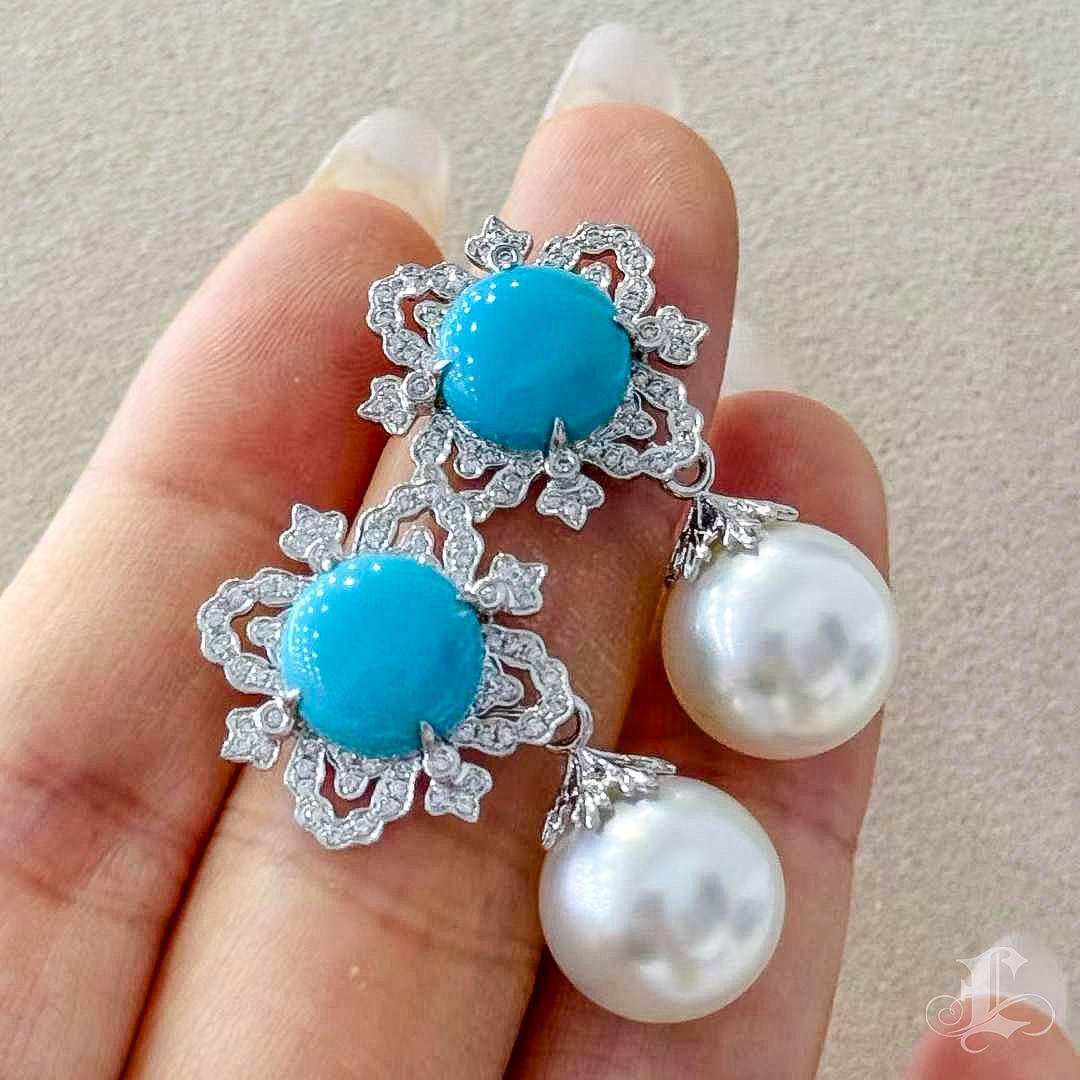 Caelmare】Orecchini di perle e turchesi convertibili di Regal Bloom in vendita 1