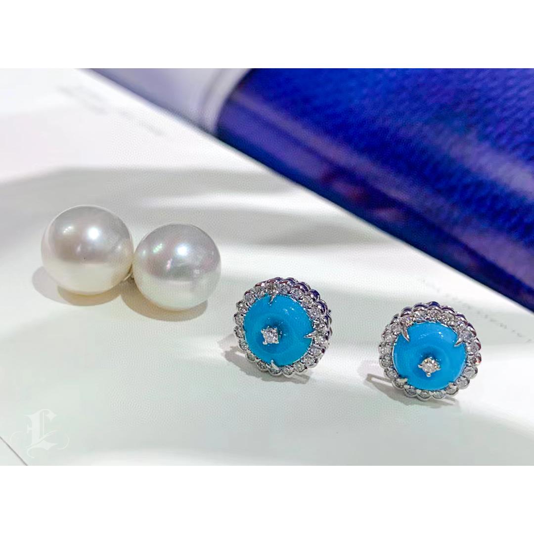 【Caelmare】Ocean Bloom Aurora South Sea Pearl & Turquoise Convertible Earrings For Sale 2