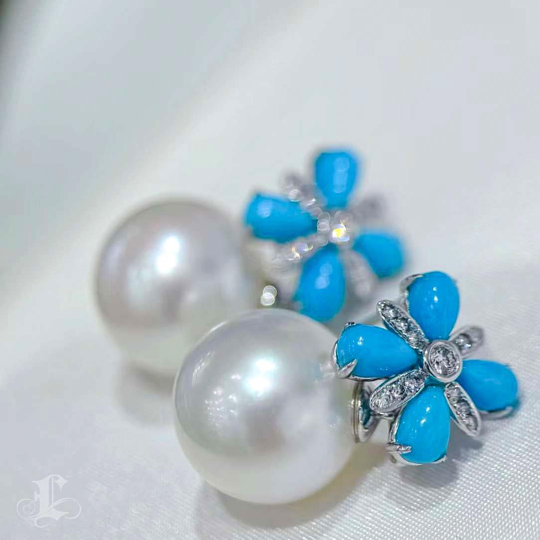 【Caelmare】Convertible 2-in-1 Blossom South Sea Pearl Turquoise Diamond Earrings For Sale 2