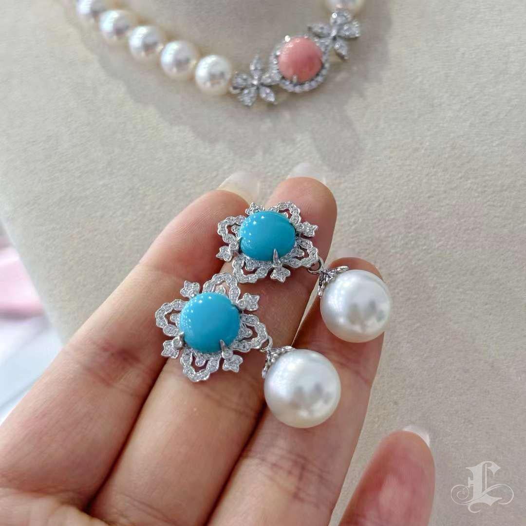 Caelmare】Orecchini di perle e turchesi convertibili di Regal Bloom in vendita 2