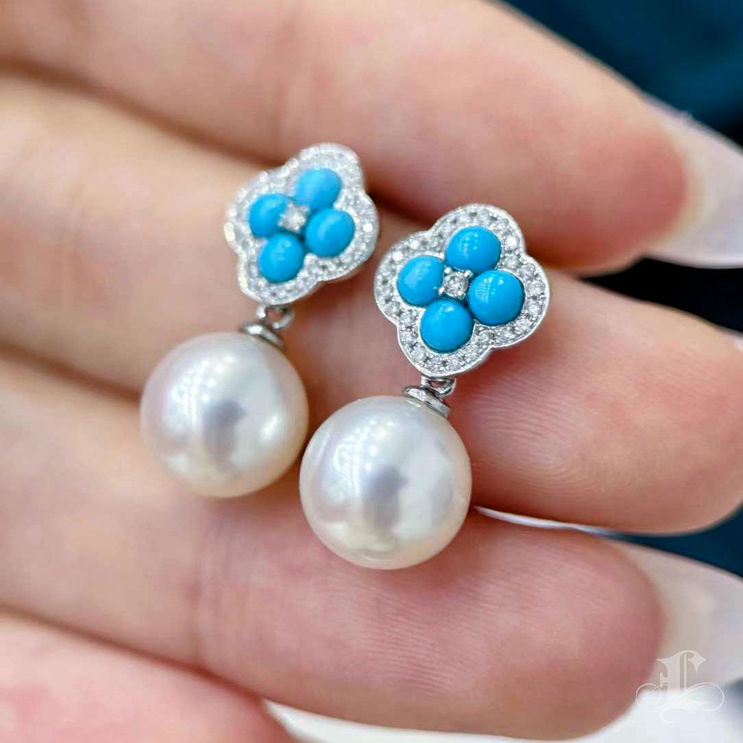 Caelmare】 Orecchini di perle e turchesi convertibili con il trifoglio Bloom in vendita 3