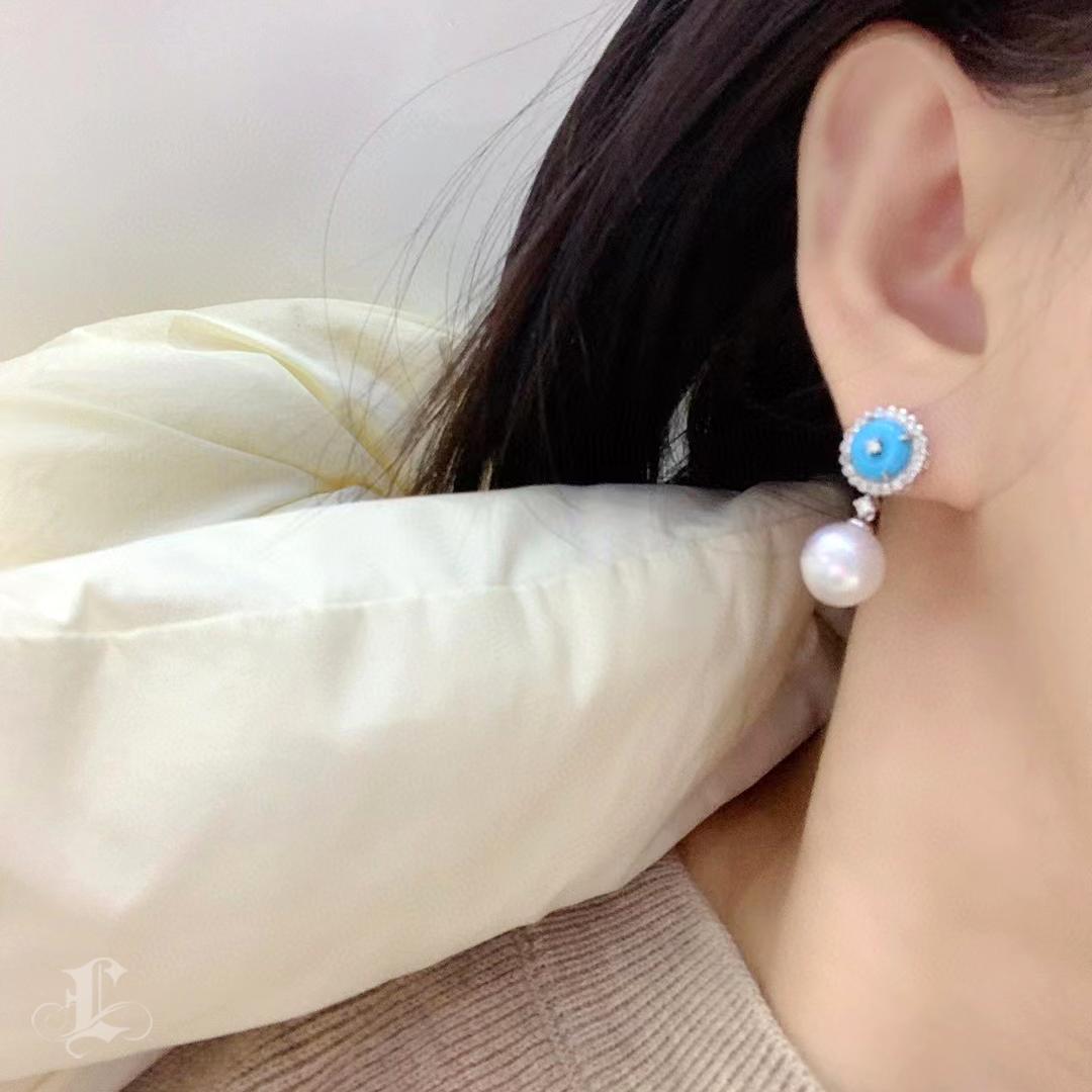 【Caelmare】Ocean Bloom Aurora South Sea Pearl & Turquoise Convertible Earrings For Sale 4