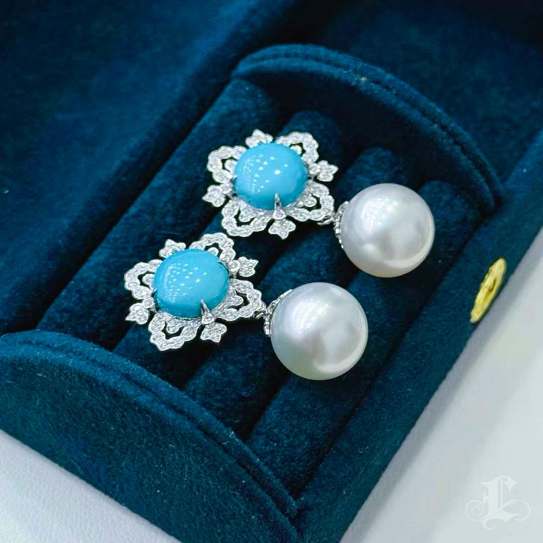 Caelmare】Orecchini di perle e turchesi convertibili di Regal Bloom in vendita 4