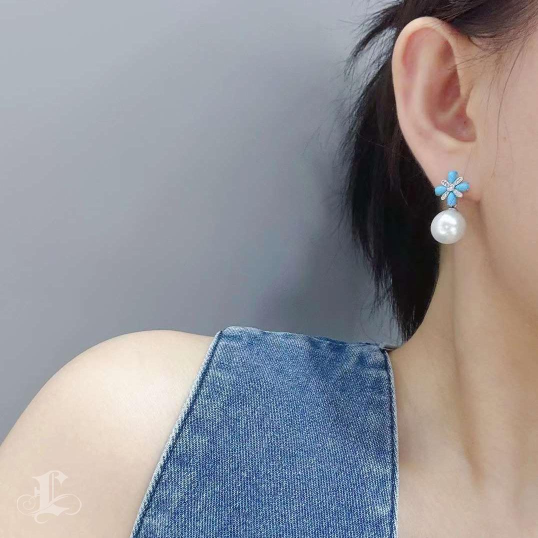 【Caelmare】Convertible 2-in-1 Blossom South Sea Pearl Turquoise Diamond Earrings For Sale 5
