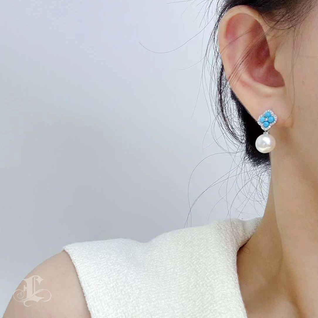 Caelmare】 Orecchini di perle e turchesi convertibili con il trifoglio Bloom in vendita 5