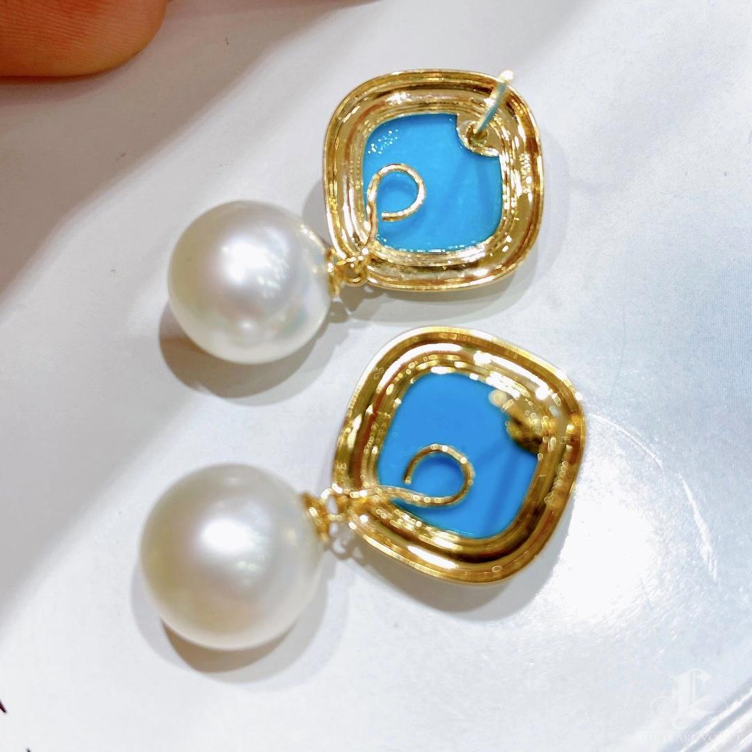 【Caelmare】Convertible 2-in-1 Geo Turquoise Halo Aurora South Sea Pearl Earrings For Sale 1