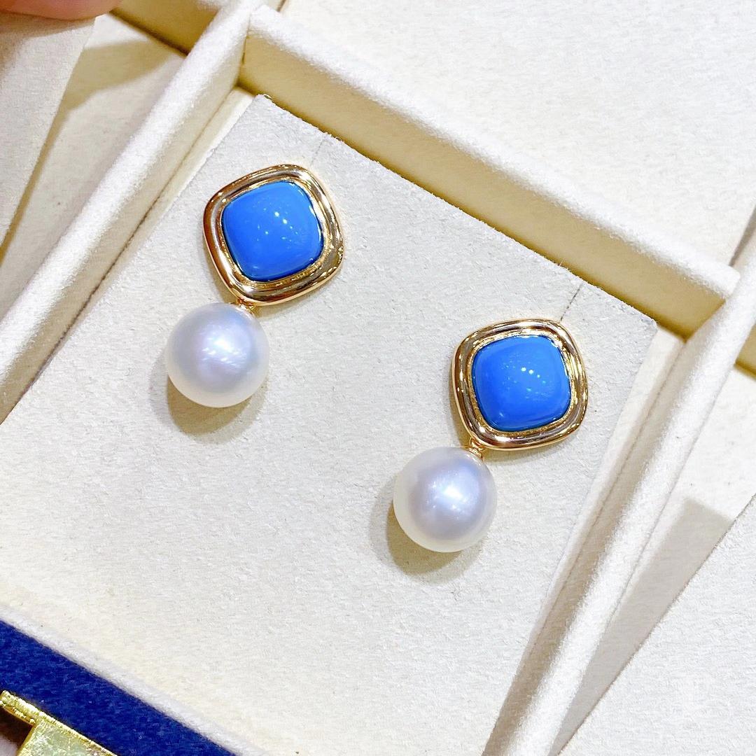 【Caelmare】Convertible 2-in-1 Geo Turquoise Halo Aurora South Sea Pearl Earrings For Sale 2