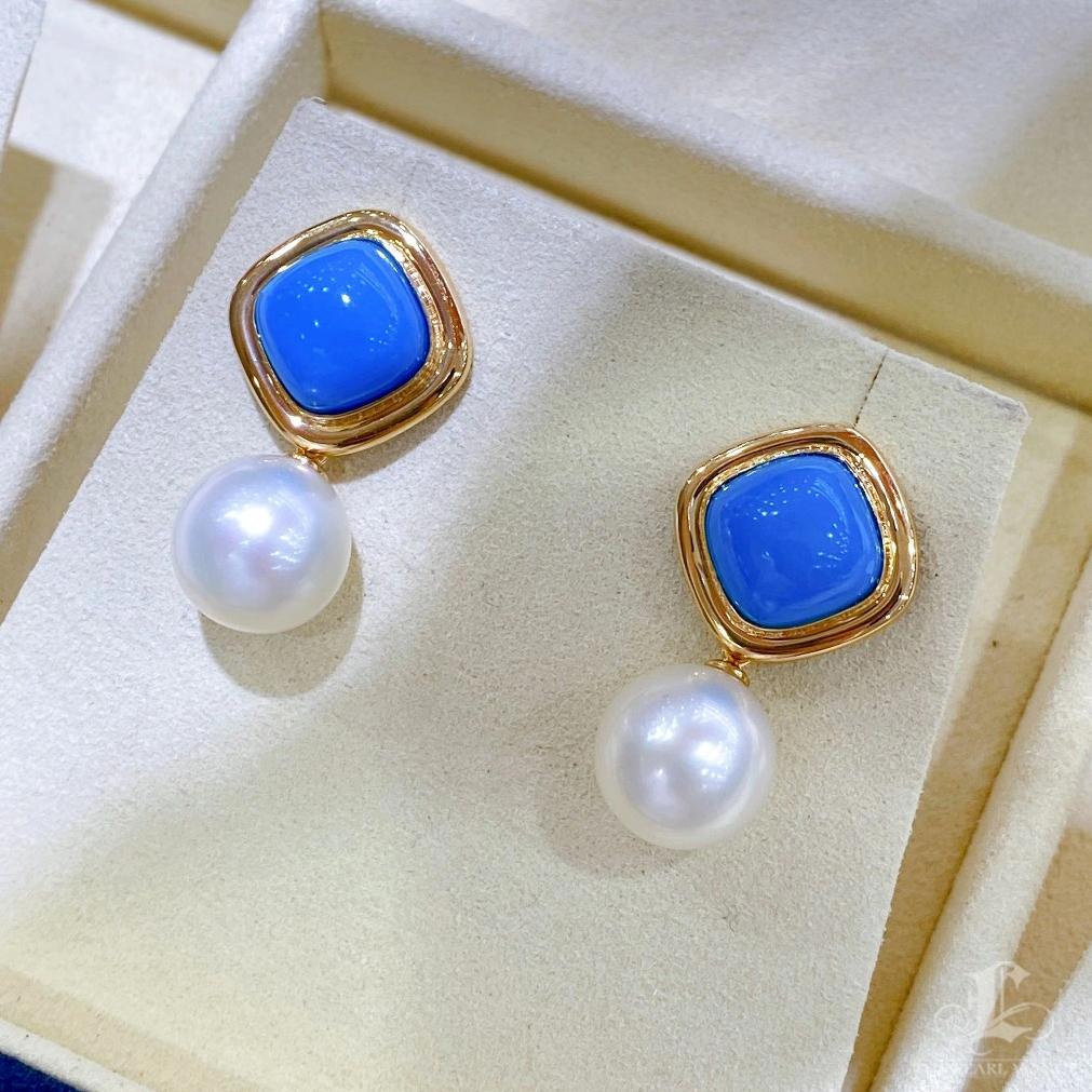 【Caelmare】Convertible 2-in-1 Geo Turquoise Halo Aurora South Sea Pearl Earrings For Sale 4